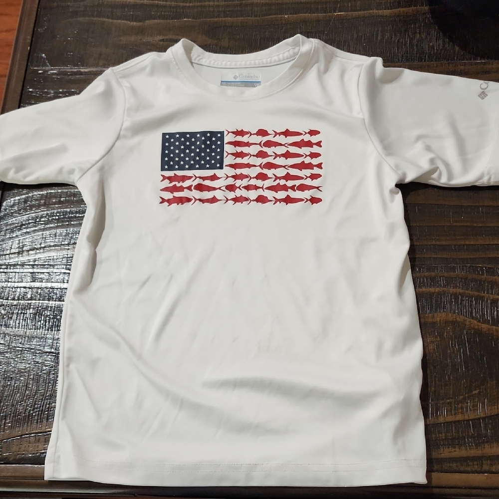 Columbia White Shirt with Red and Blue Fish Flag Design